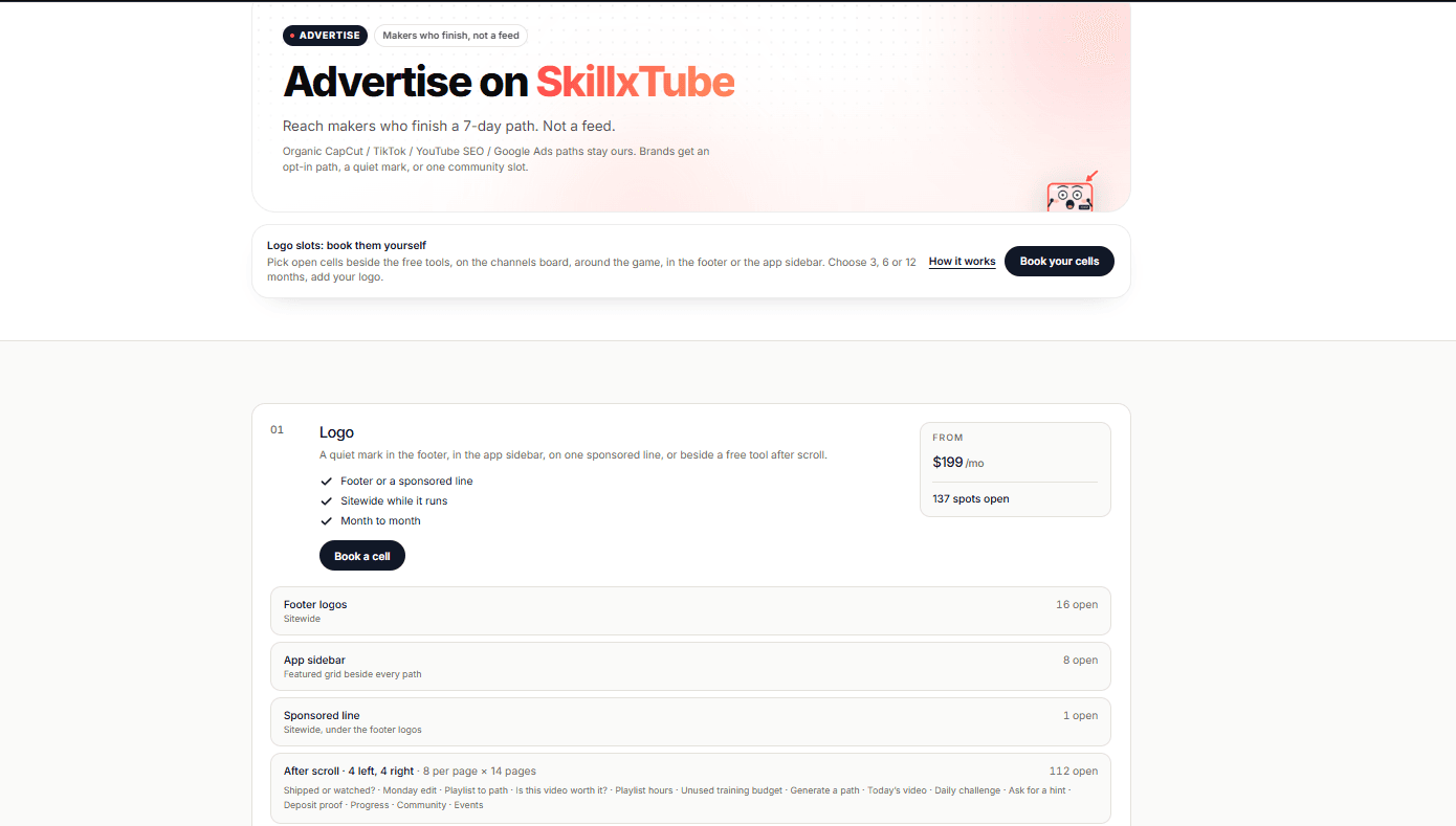 Advertise on SkillxTube page with the logo placements and their prices