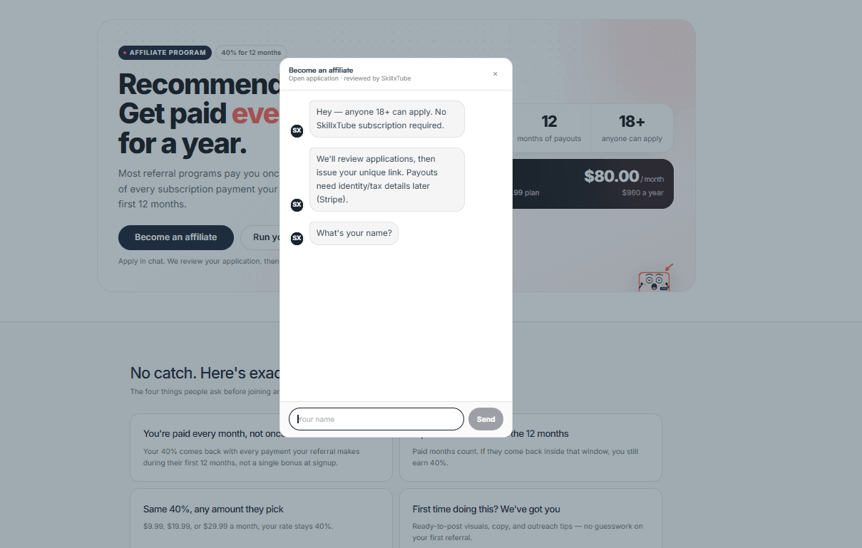 Become an affiliate chat window asking for the applicant's name