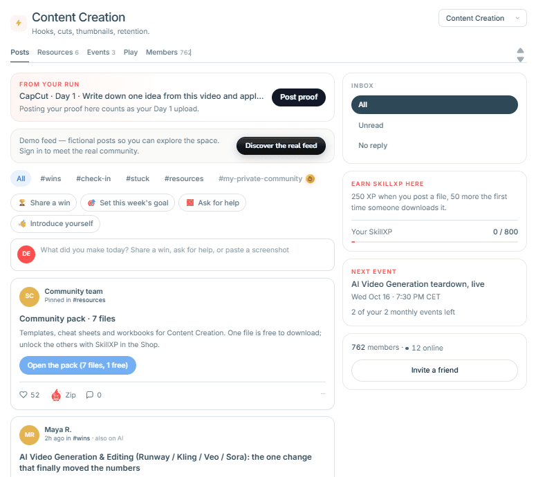 SkillxTube community space Content Creation: posts feed with filters, a pinned community pack, inbox, SkillXP, next event and members