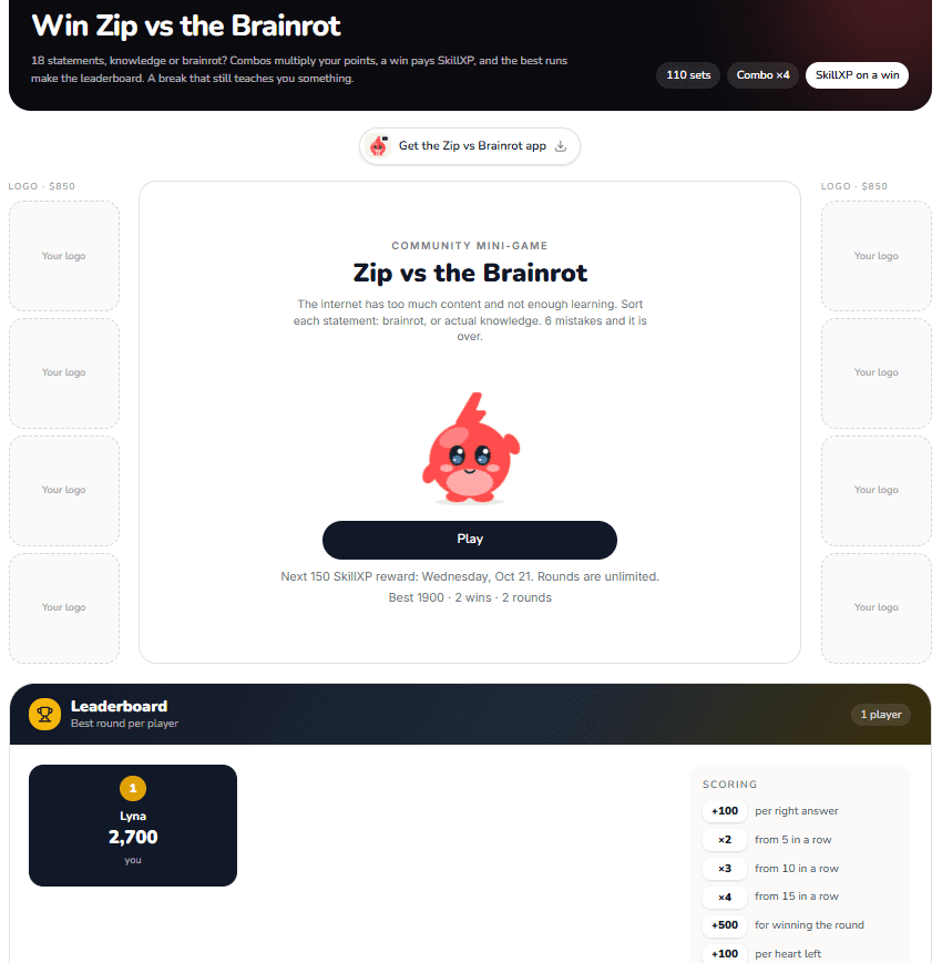 Win Zip vs the Brainrot page: dark header, the game card, the leaderboard and the scoring grid, with logo cells on each side