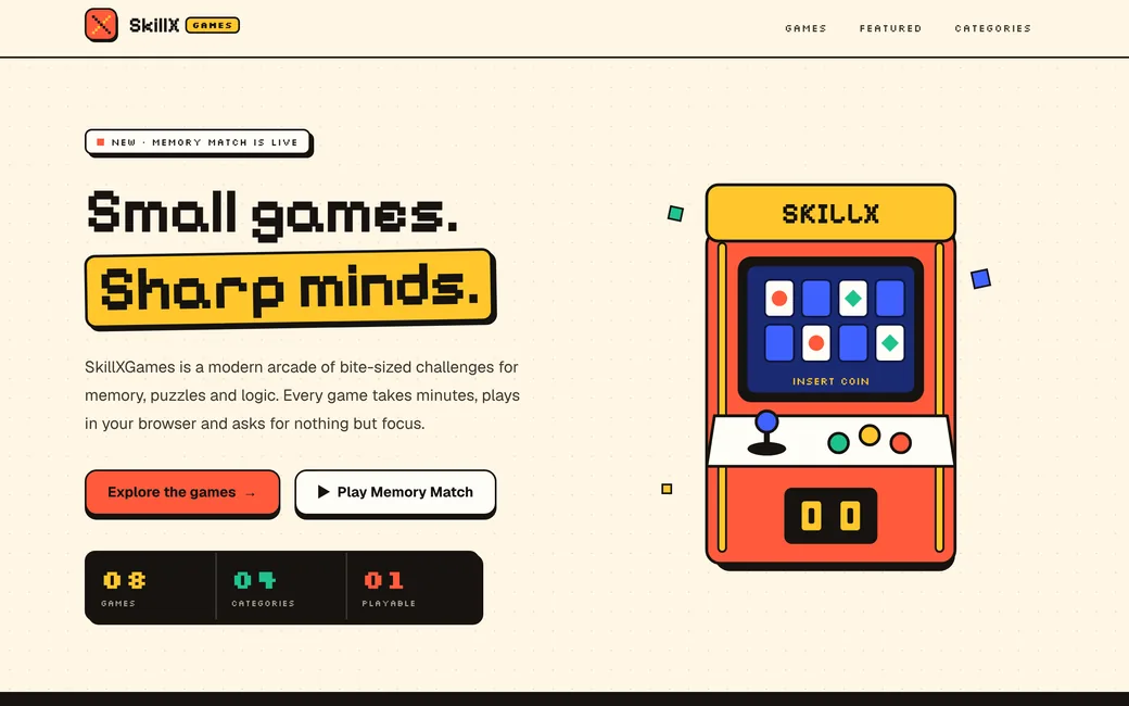 SkillXGames home: “Small games. Sharp minds.” beside a coral arcade cabinet, with the games, categories and playable counters