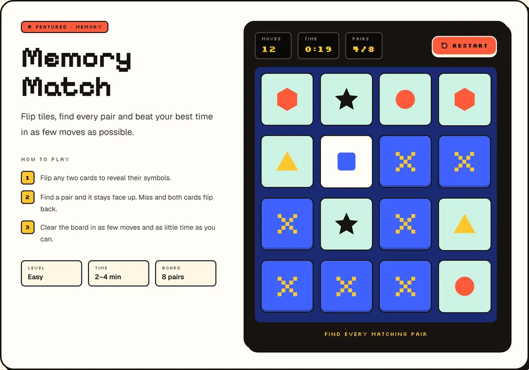 Memory Match mid-game: 4 pairs out of 8 found in 12 moves, with the how-to-play steps on the left