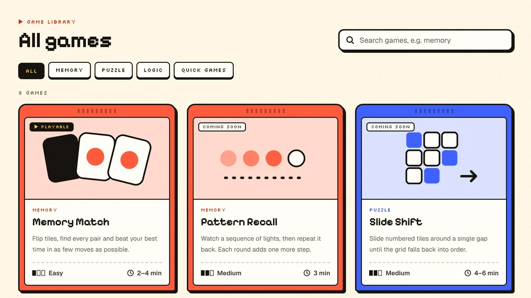 The game library: a search field, category filters and cartridge-like game cards with level and play time